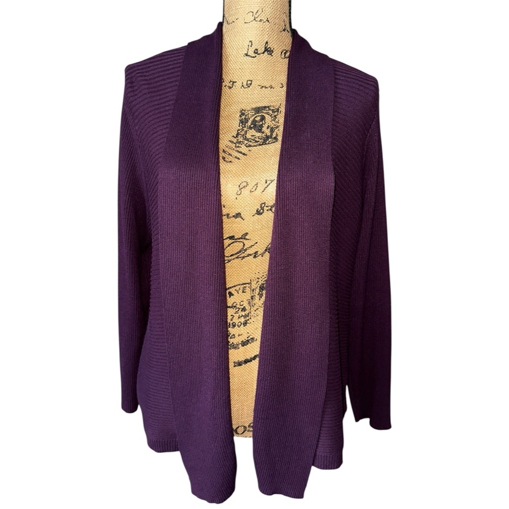 Roz & Ali Dark Purple Ribbed Knit Open Front Long Sleeve Sweater Cardigan
